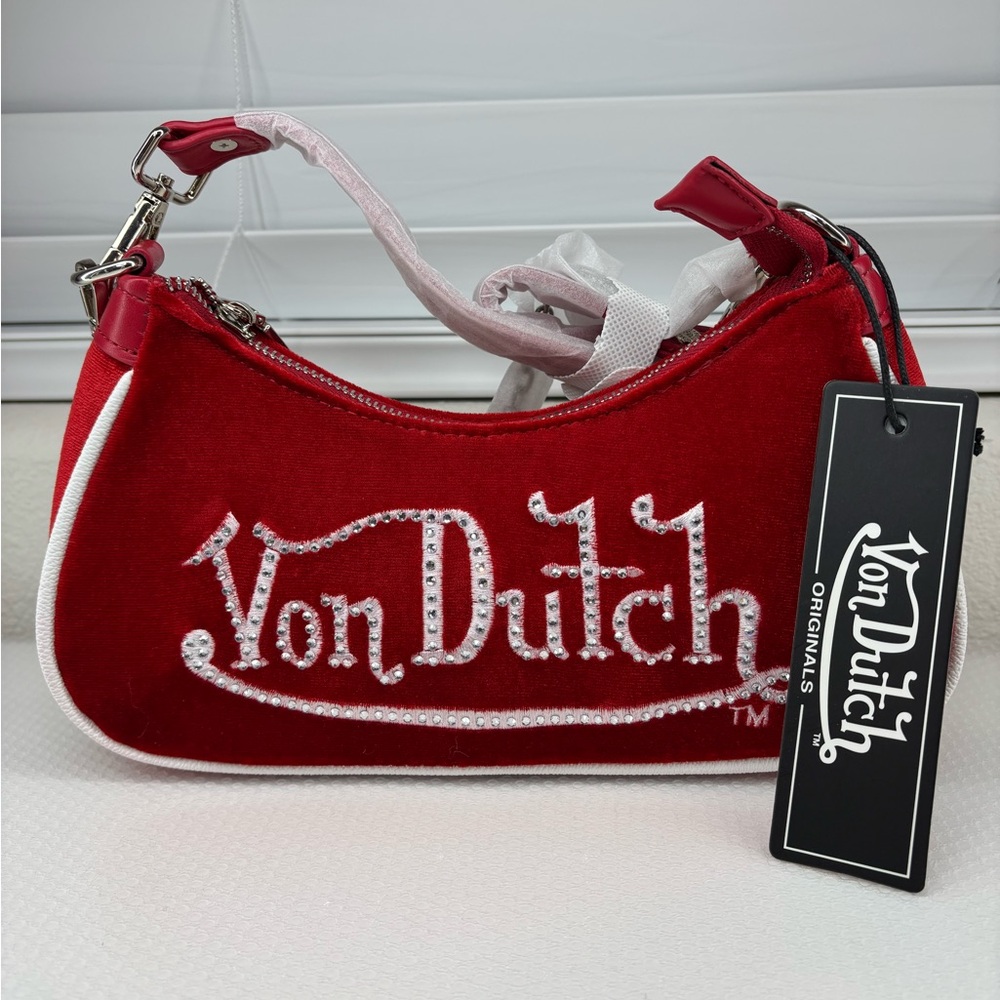 Von Dutch Red and White Rhinestone Velvet Shoulder Bag